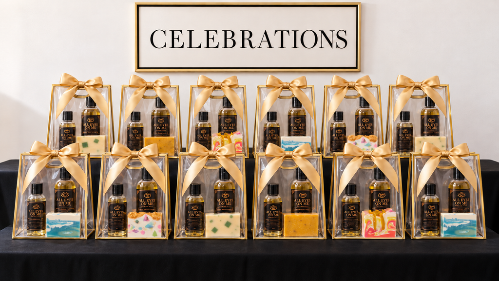 Bulk event gift bags featuring All Eyes On Me hair oils and artisan soaps